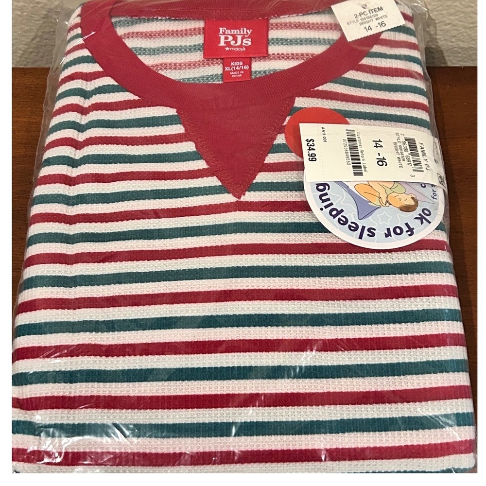Kids NWT 14-16 Red Green Striped Waffle Knit 2pc Holiday Christmas Pajama Set